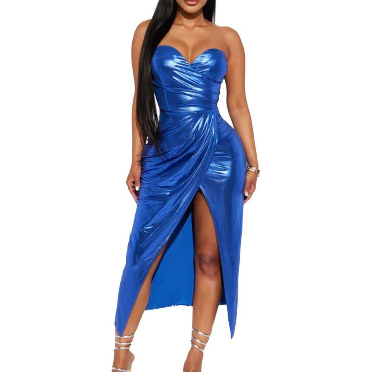 Fashion Nova Metallic Blue High Slit Midi Dress Size. Depop