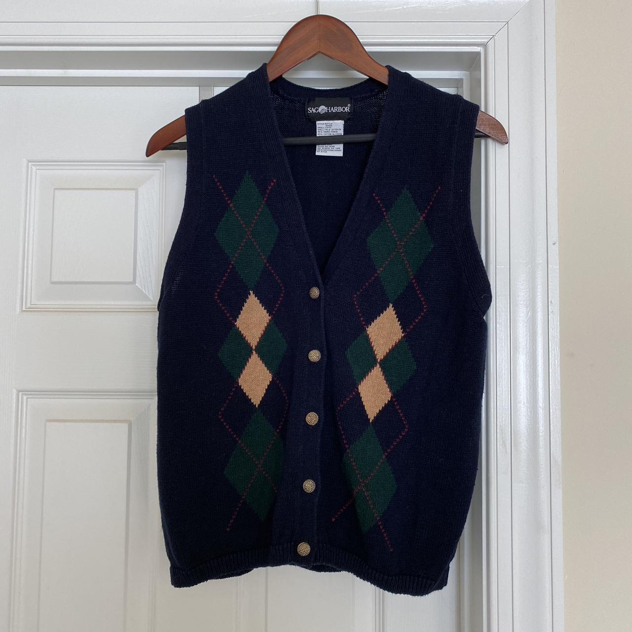 Navy Blue vest with khaki, green, and red Argyle... - Depop