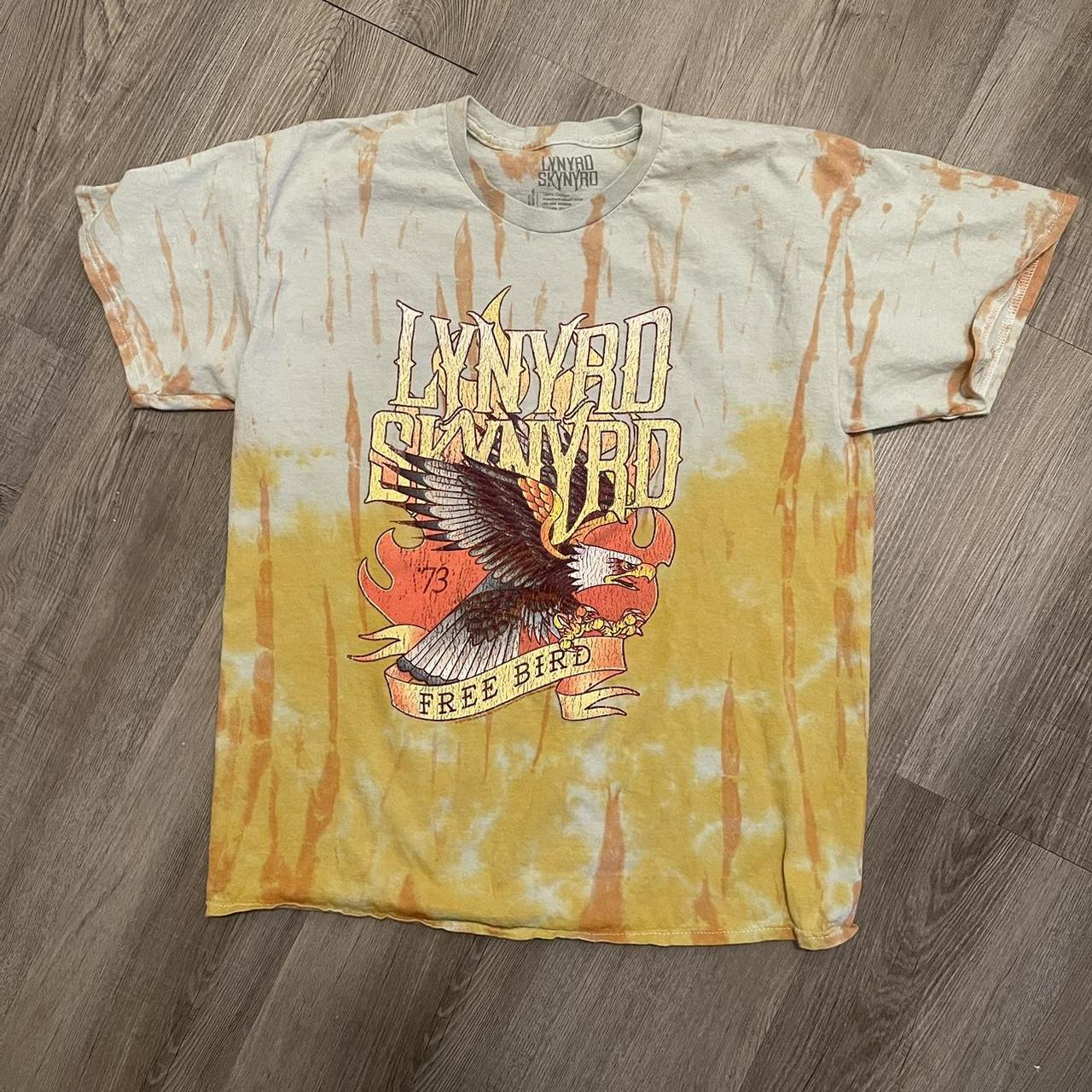 medium blue and yellow lynyrd skynyrd band tee in... - Depop