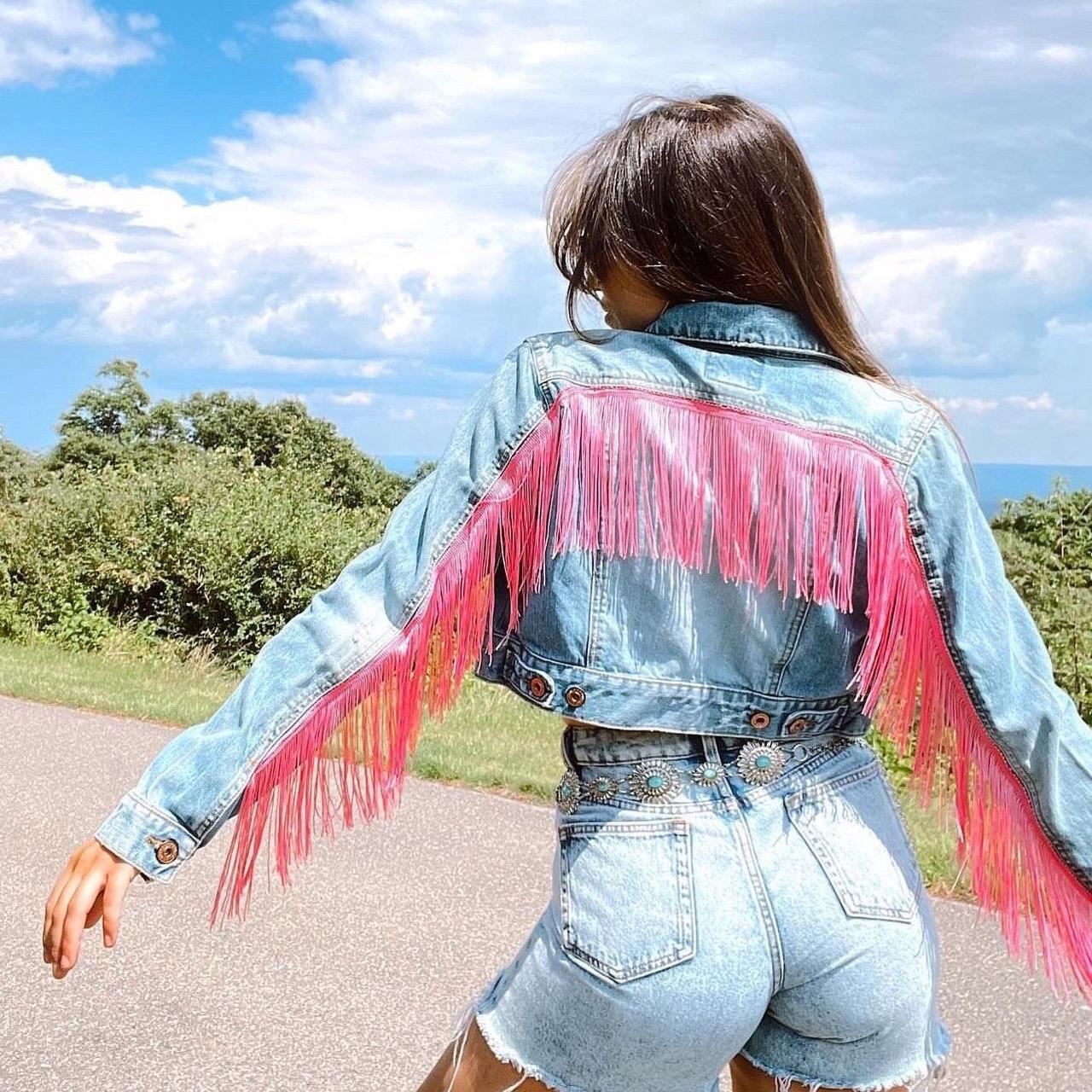 Pink fringe denim jacket size medium