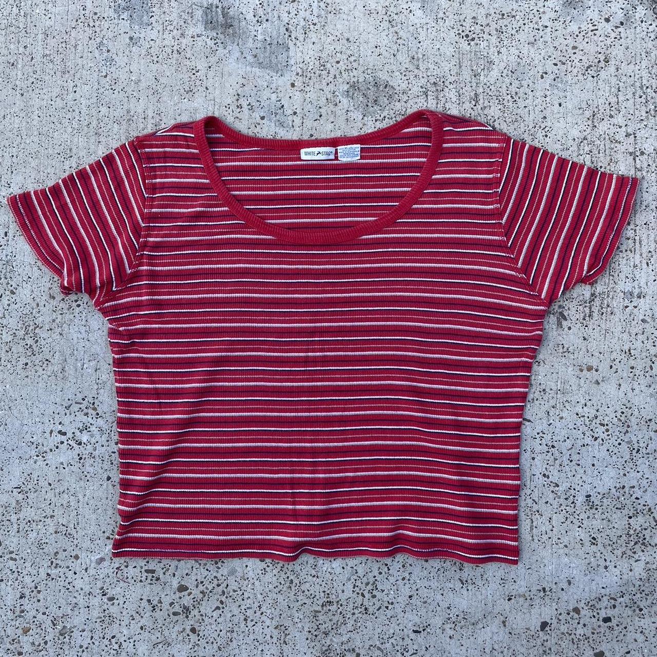 Red And White Striped T Shirt Women 2026.Vintage White Stag red and white stripe t-shirt a... - Depop