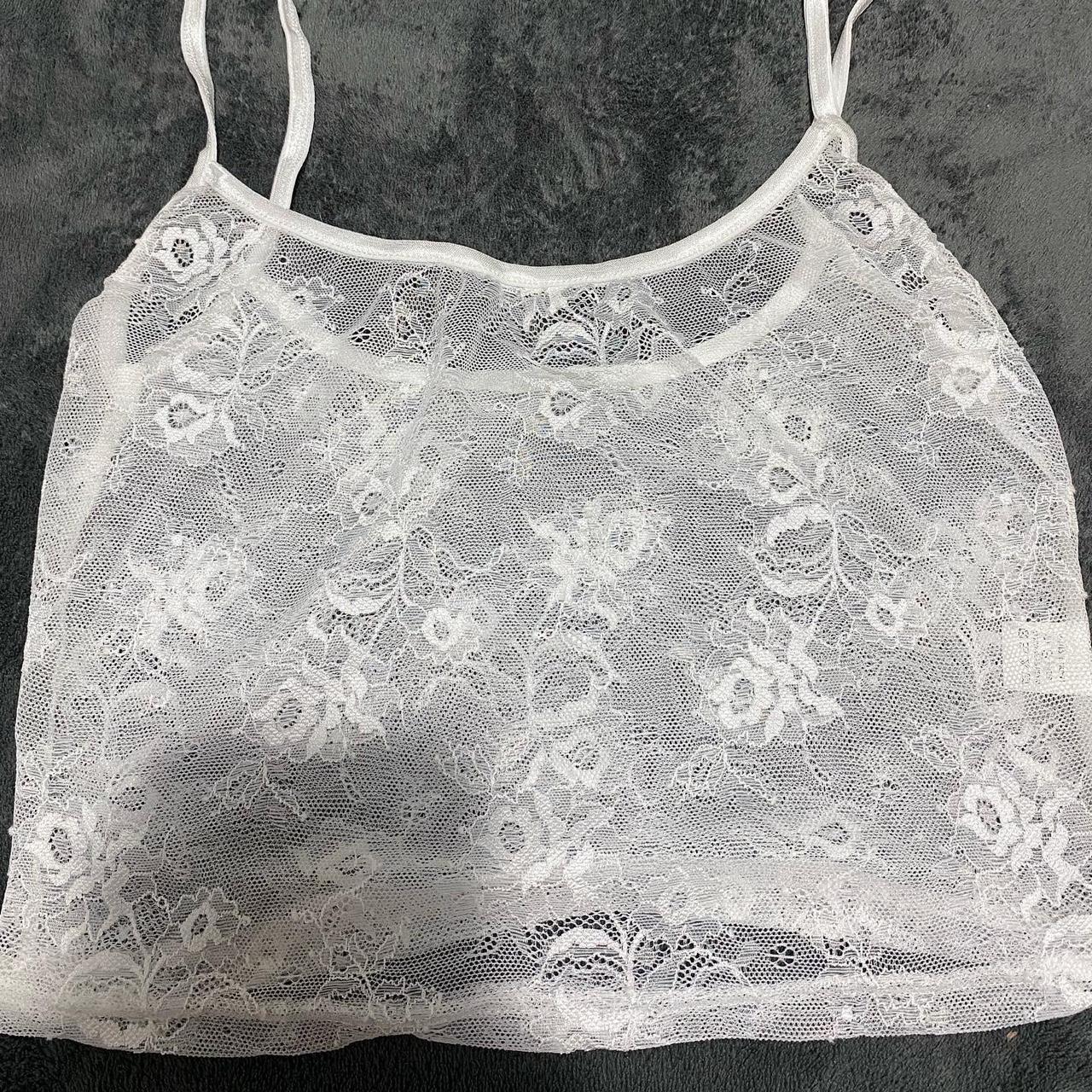 White lace mesh skirt and top co ord two piece... - Depop