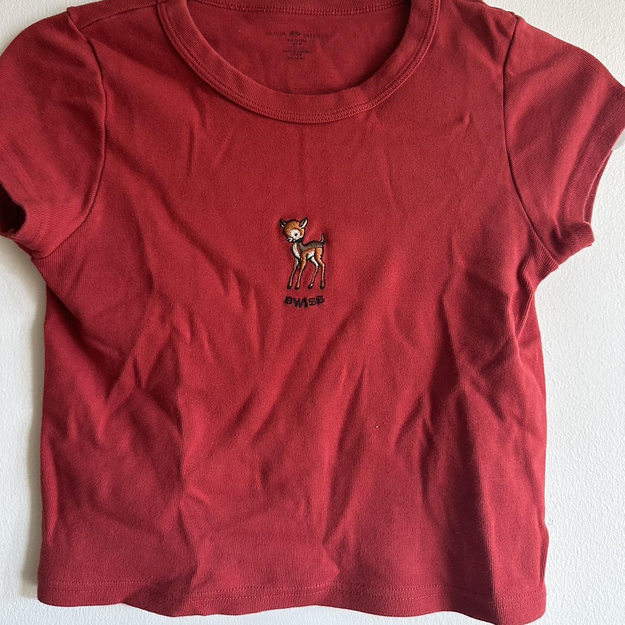 brandy melville red baby tee with swiss deer, near... Depop