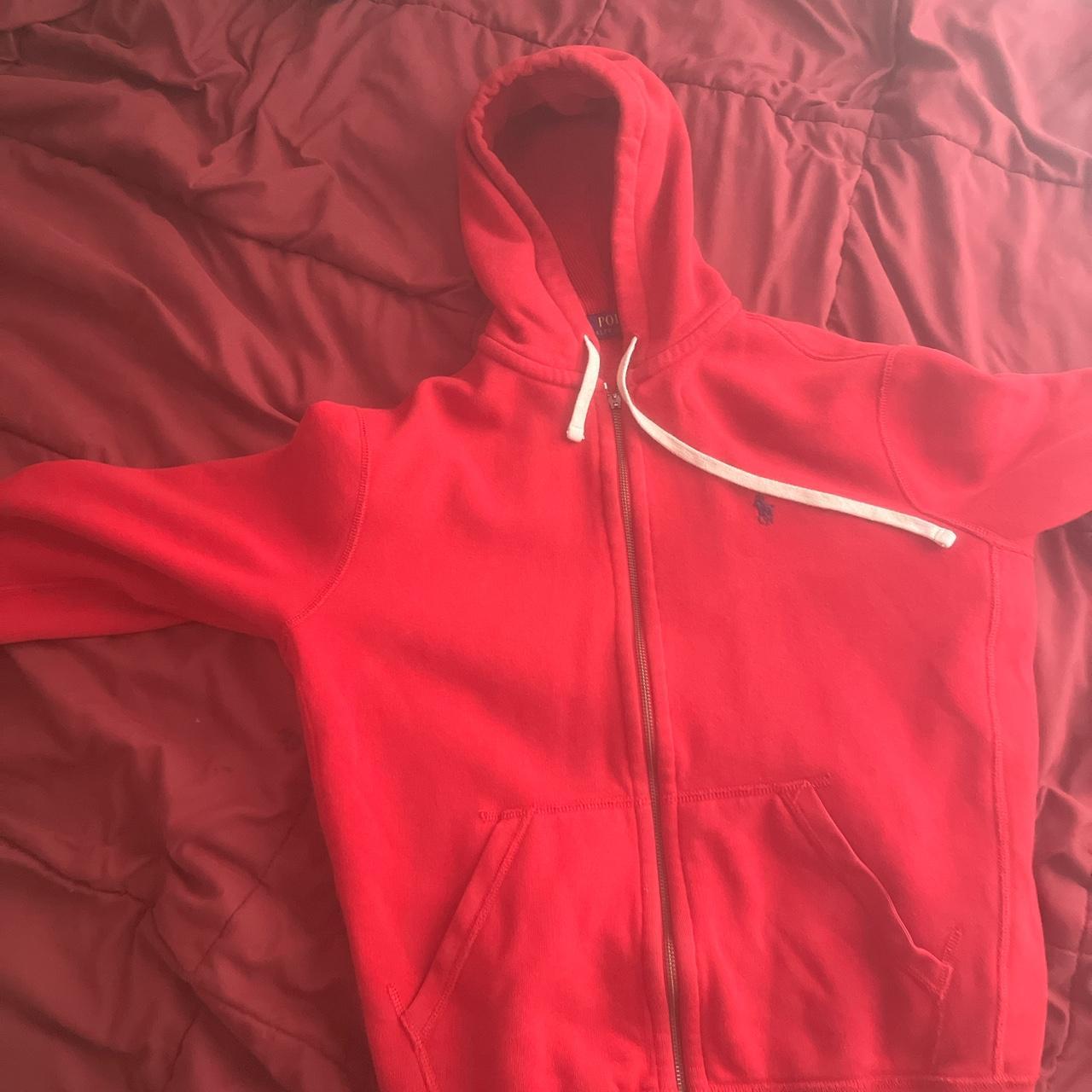 polo zip up red worn alot broken zipper but can... - Depop