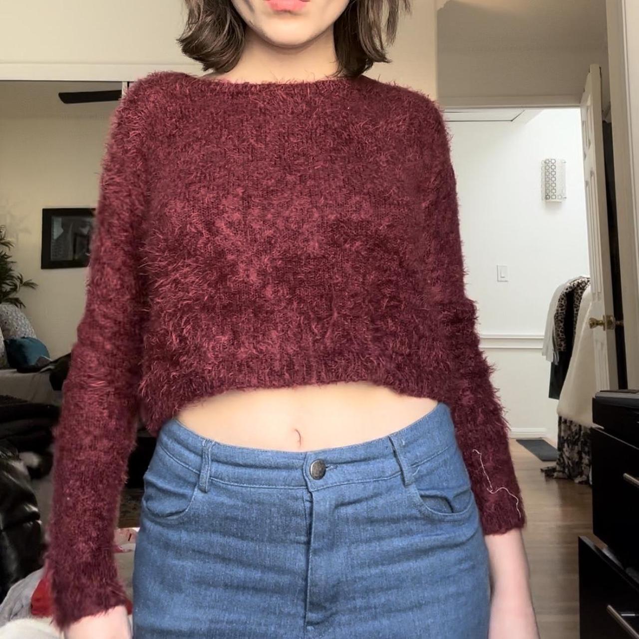 Burgundy fuzzy sweater sale