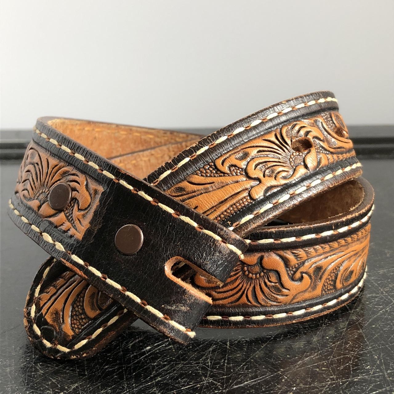 70s Tony Lama Tooled Leather No Buckle Belt Western... - Depop