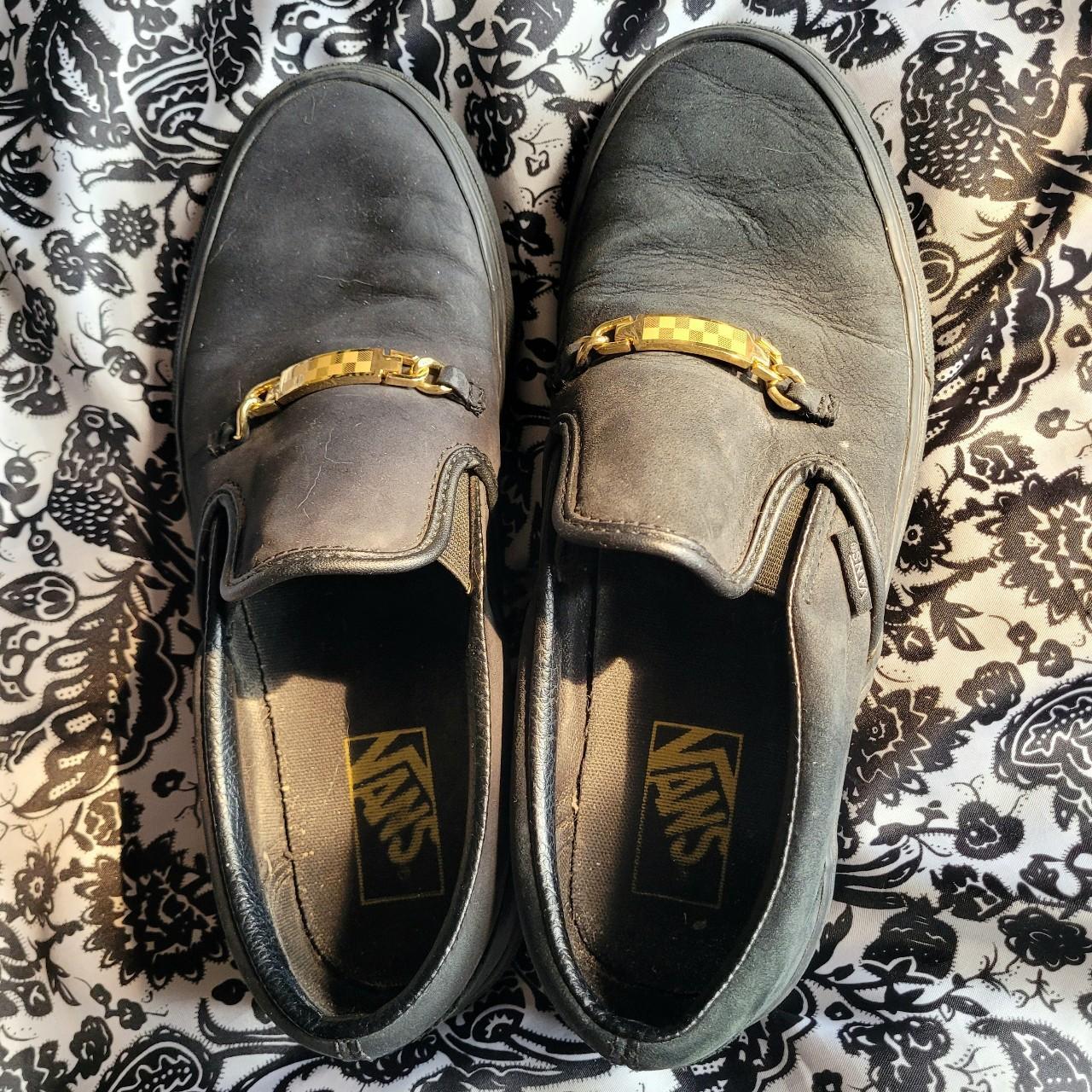 Black Slip On Vans with Gold Bar Detail these are. Depop