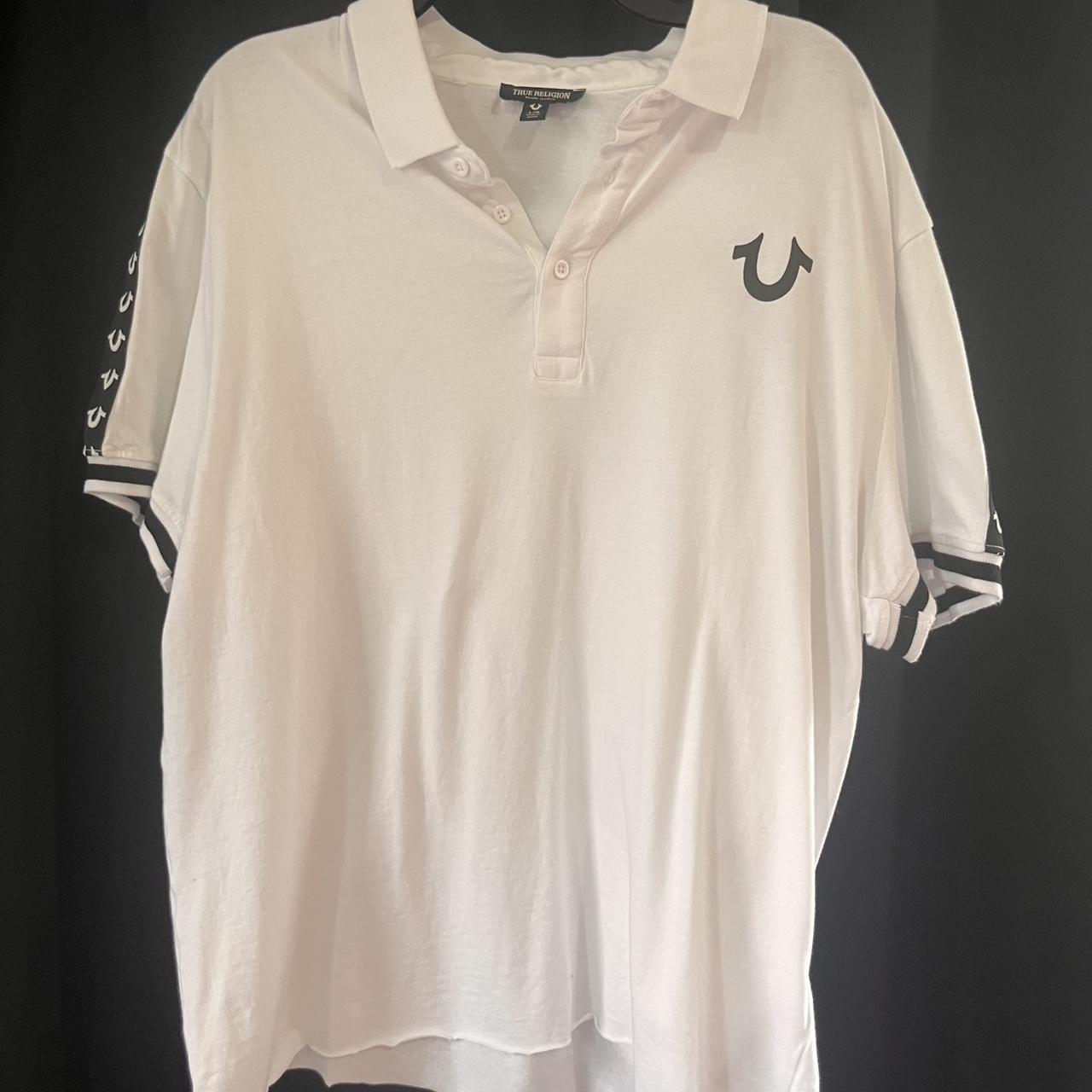 White True Religion polo shirt with black Depop