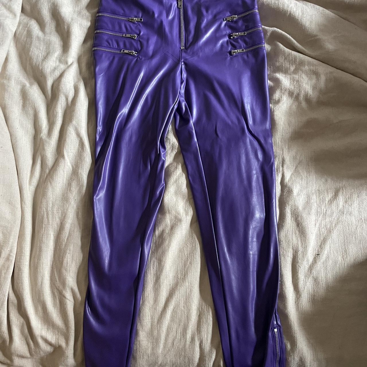 Faux leather purple party pant, skinny cut and high... - Depop