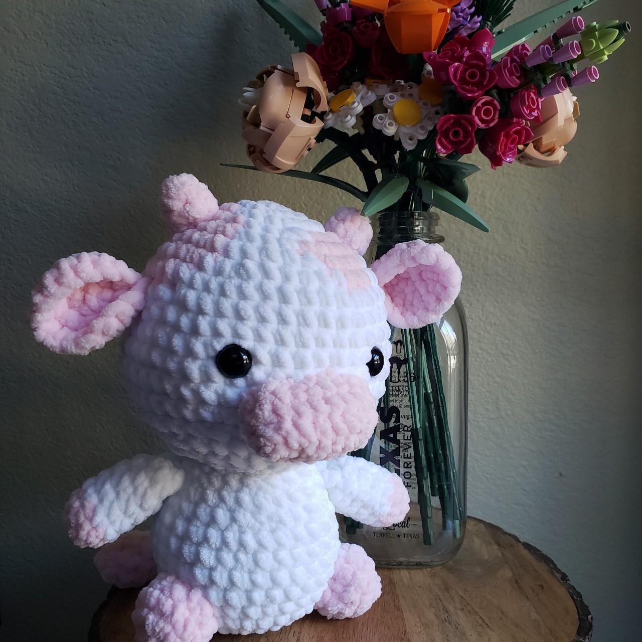 Cute and soft pink and white cow plushie. Handmade... - Depop