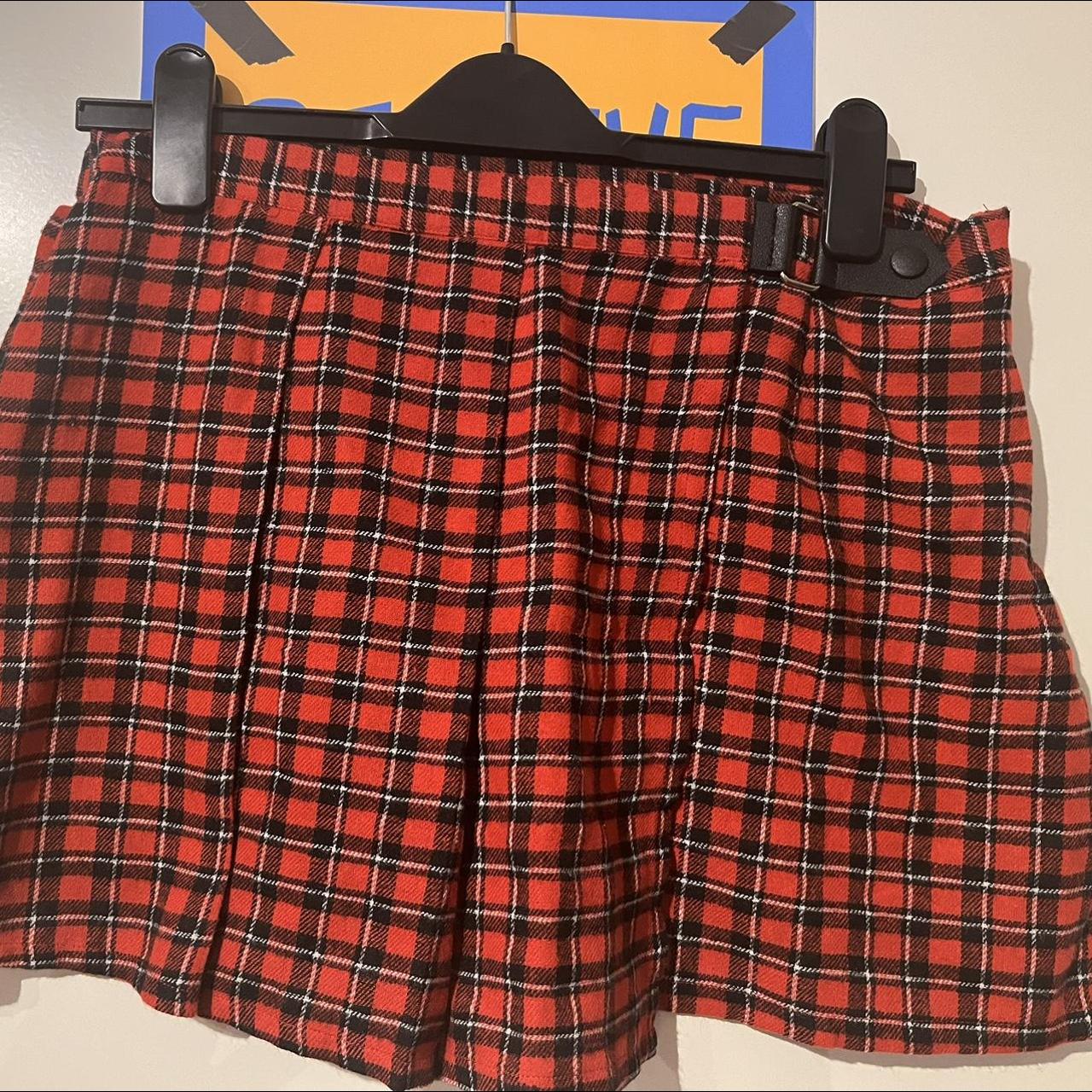 Red checkered plaid mini skirt with black buckle... Depop