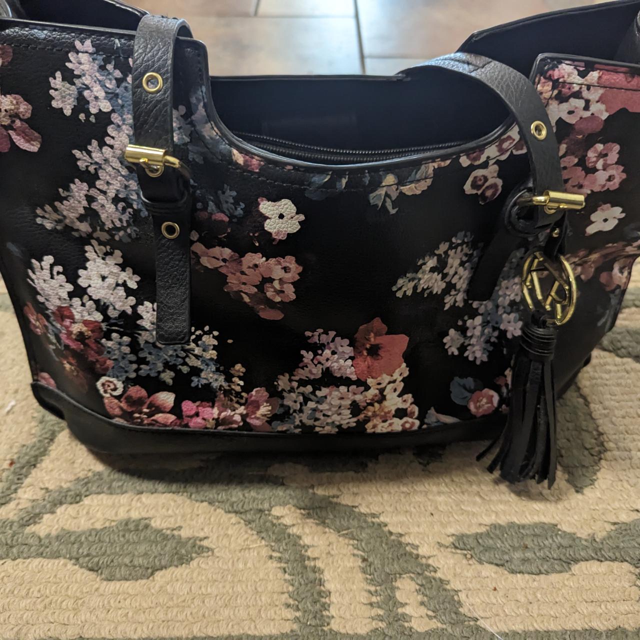 Leather Bueno Floral purse black with pink and... - Depop