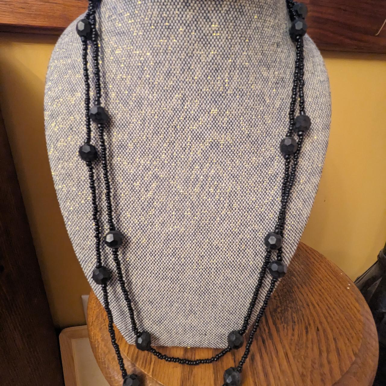 Double layered black beaded necklace, long 18