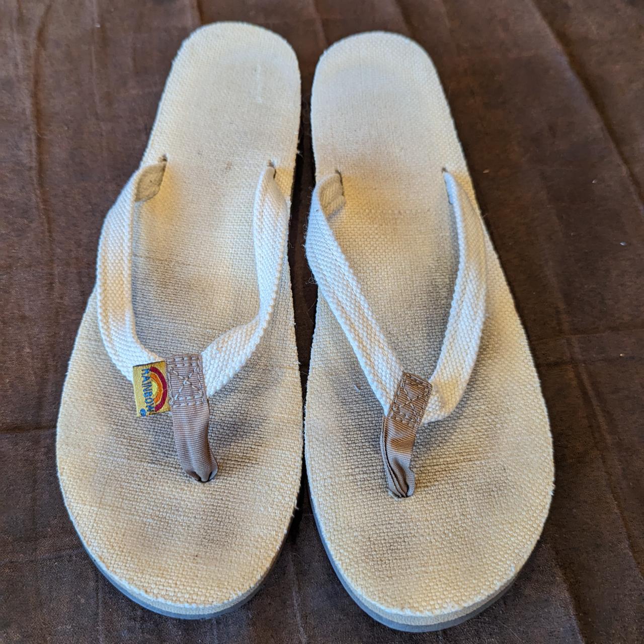 Off White rainbow sandals size 8, hemp like... - Depop