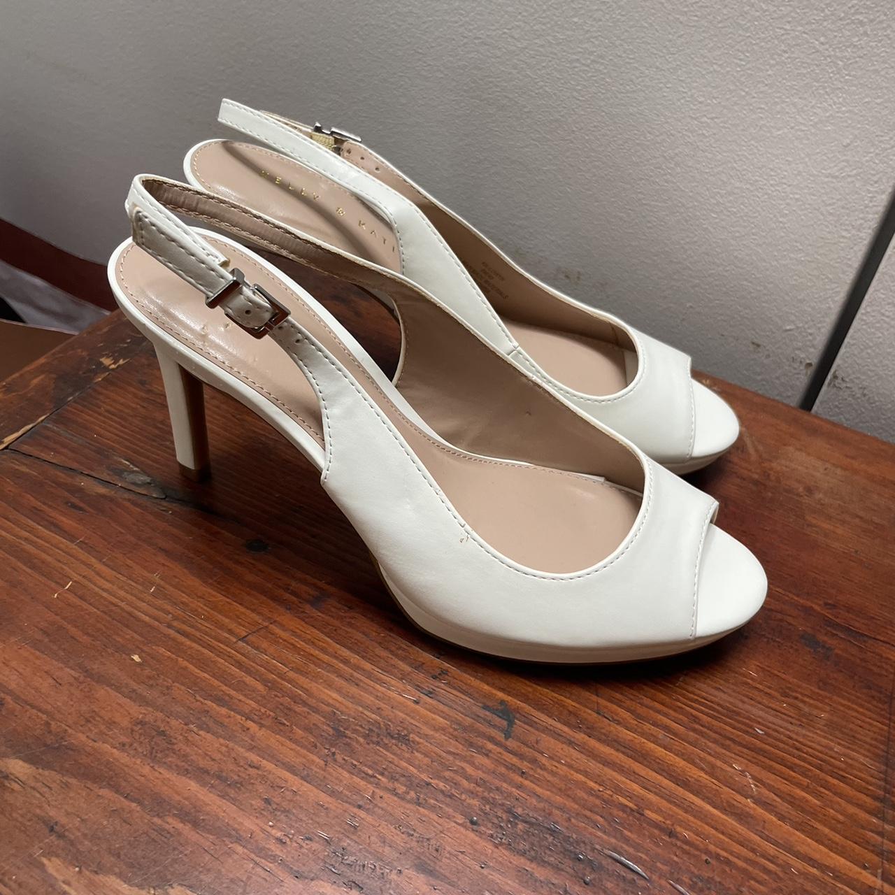 White leather peep toe slingback heels with a 4 inch... - Depop