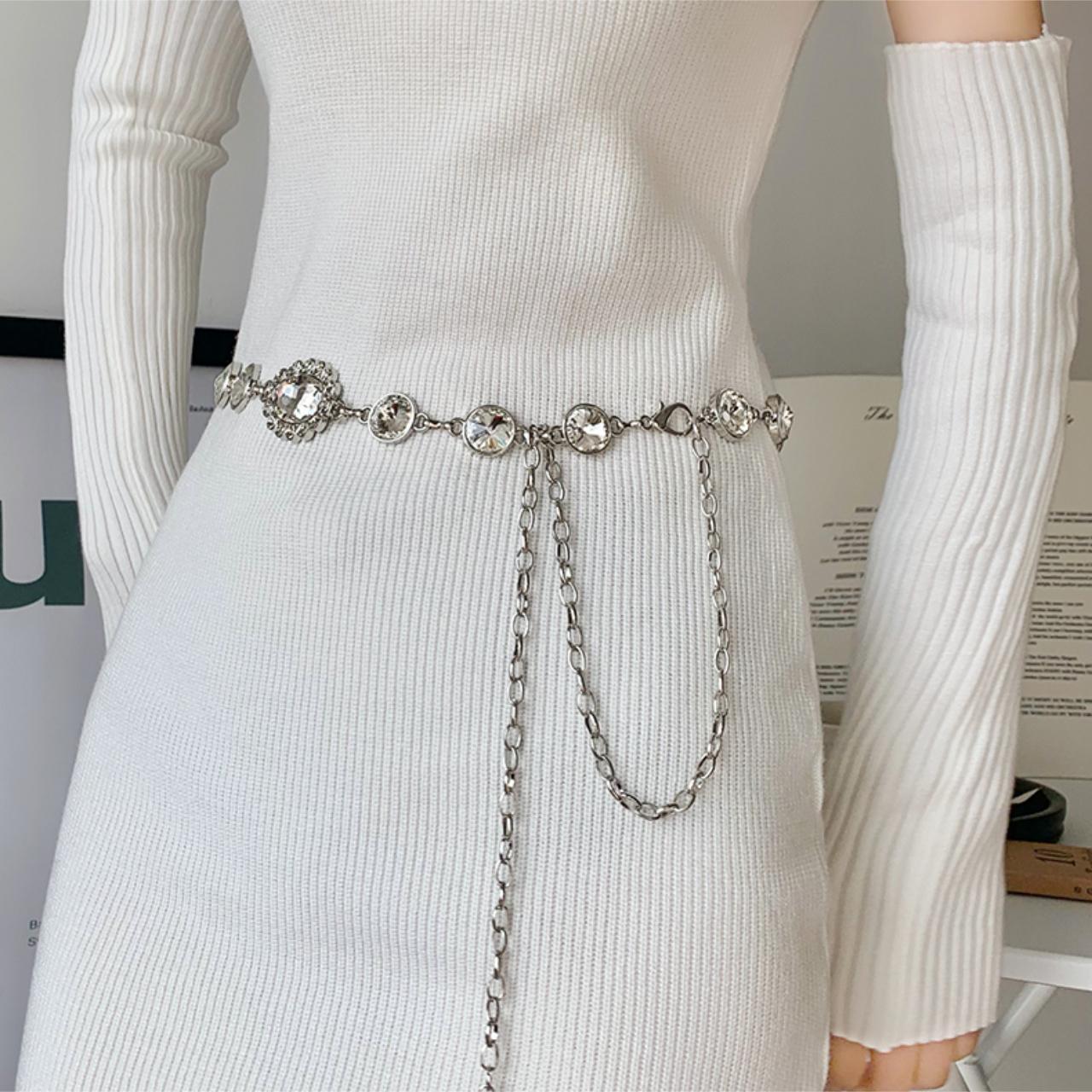 Rhinestone metal waist chain for women, y2k waist... - Depop