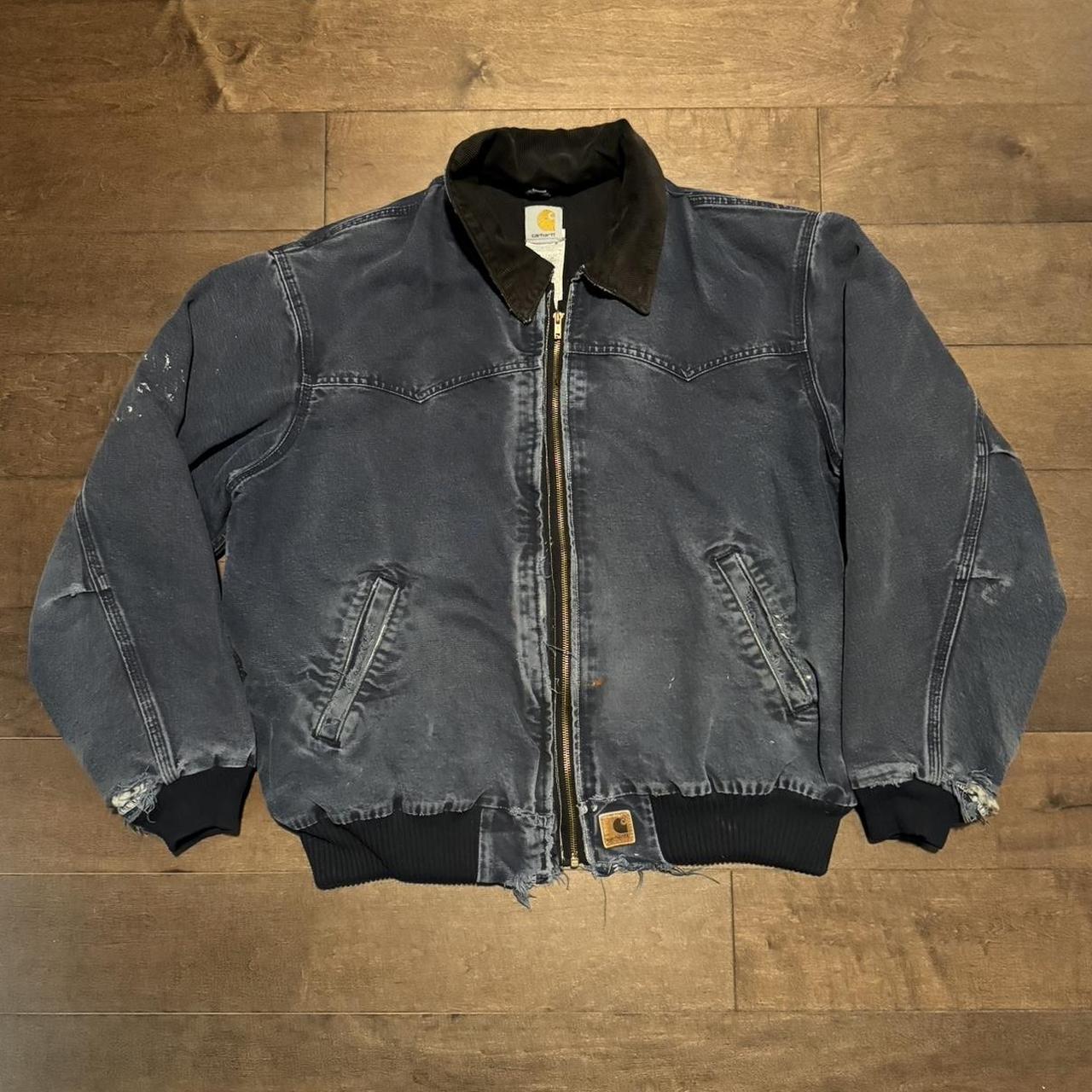 carhartt jacket vintage navy blue sunfaded fits size... - Depop