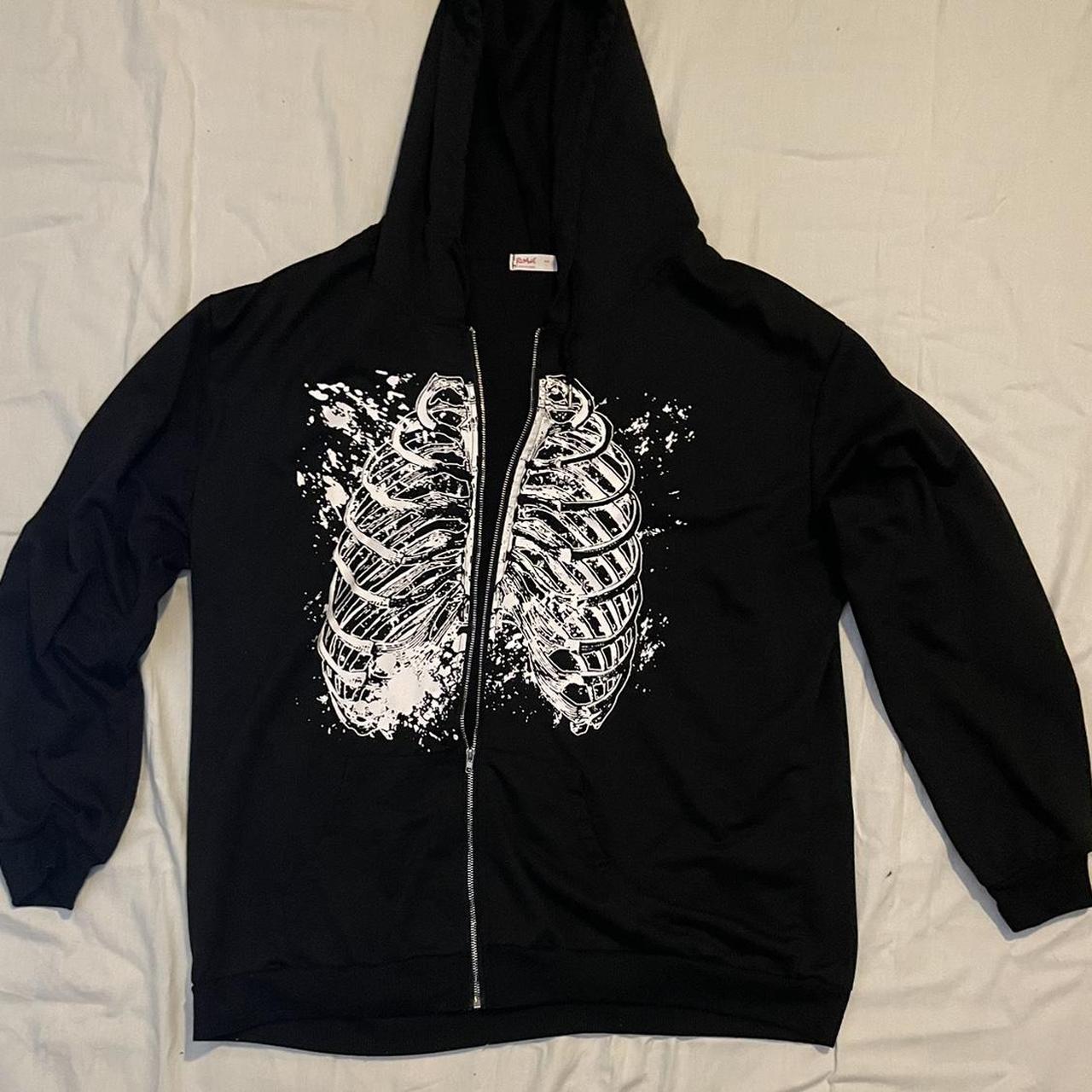 Skeleton zip up hoodie ribcage black and white y2k Depop