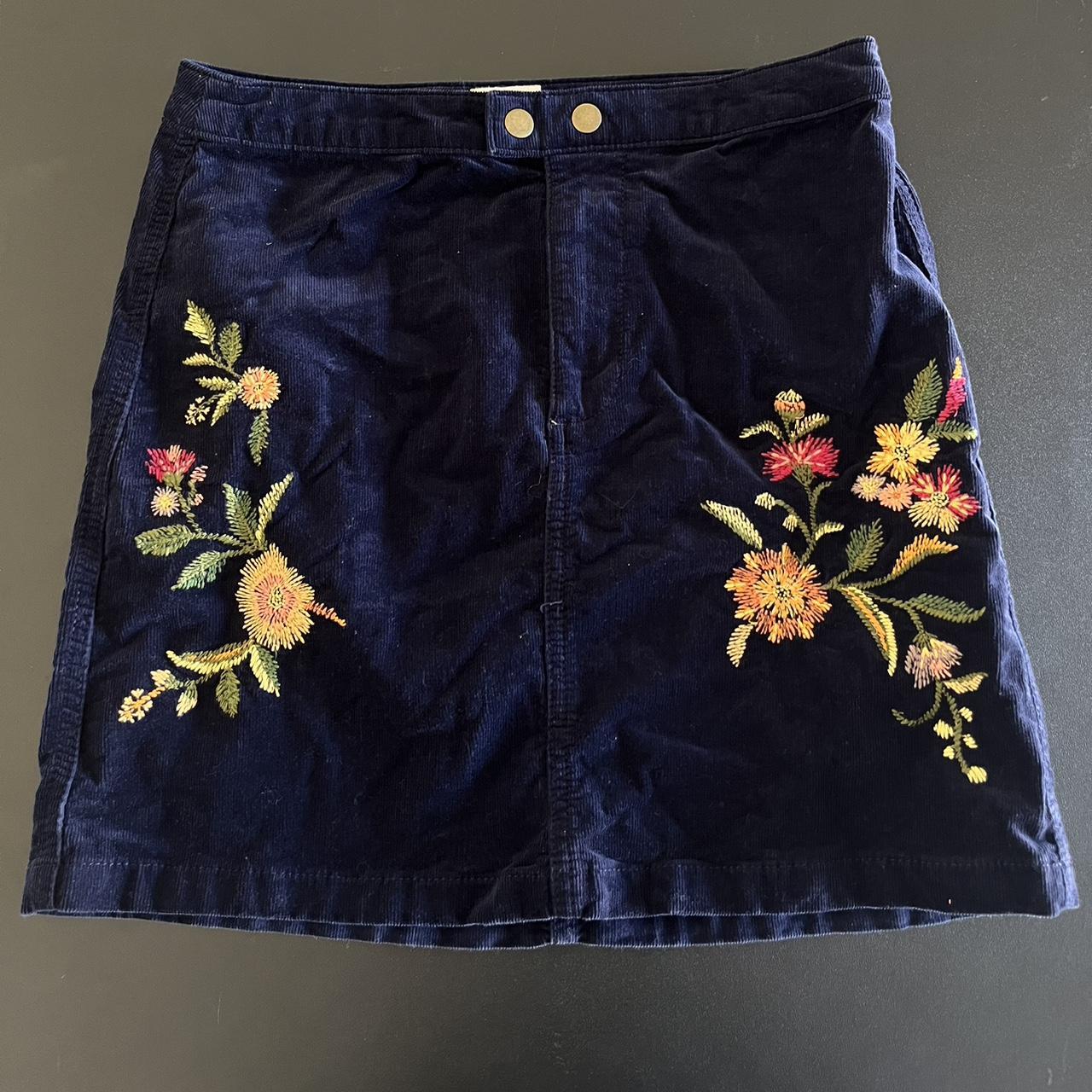 navy blue, corduroy, skirt with embroidered... - Depop
