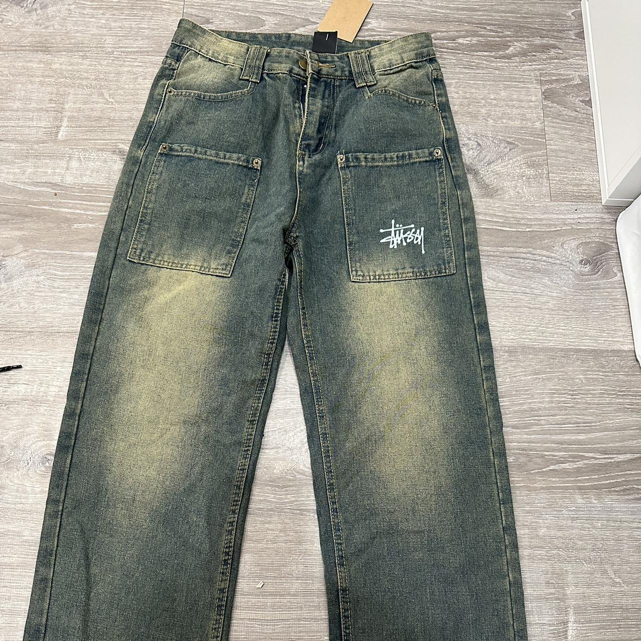 baggy straight leg washed stussy denim jeans - Depop