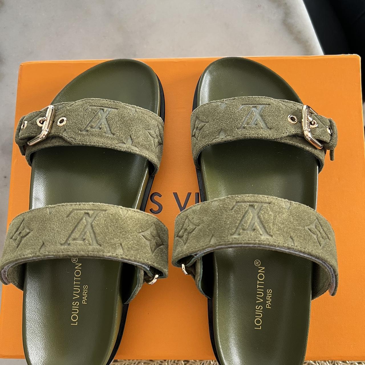 Custom Louis Vuitton X Adiddas Slides Womens Size 6 - Depop