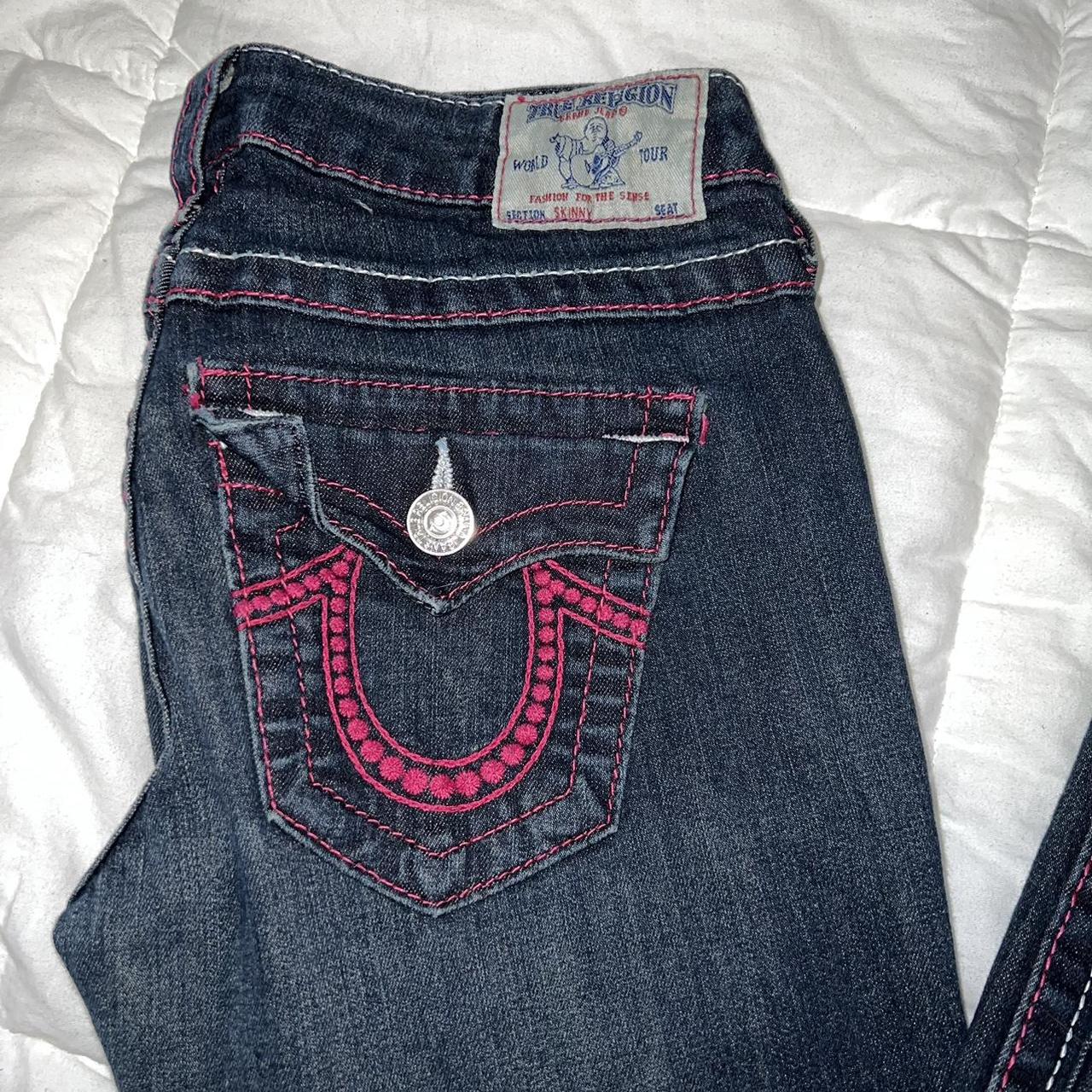 SIZE 26 TRUE RELIGION DENIM WITH PINK AND WHITE... - Depop