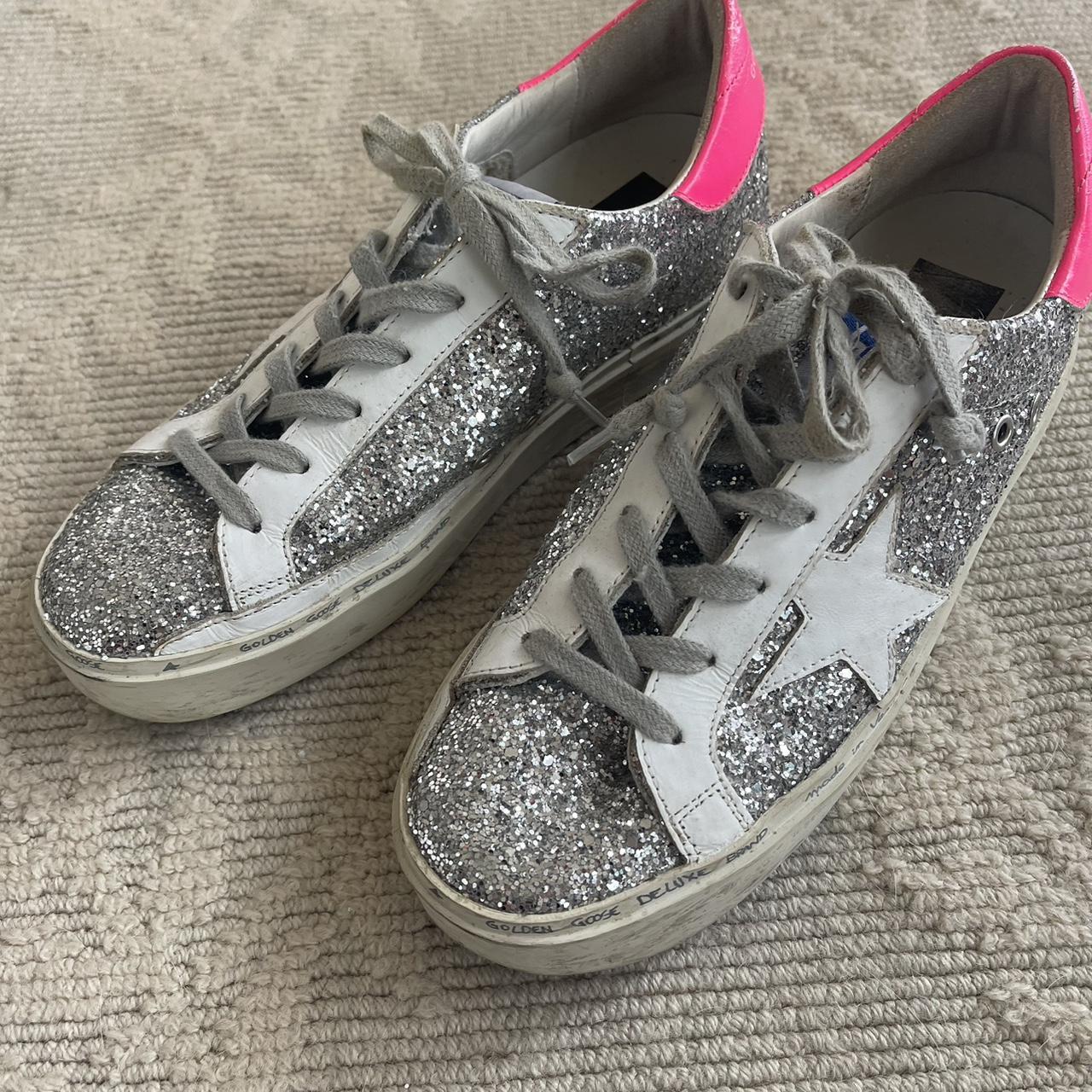 Golden Goose Hi Star silver glitter and neon pink. Depop