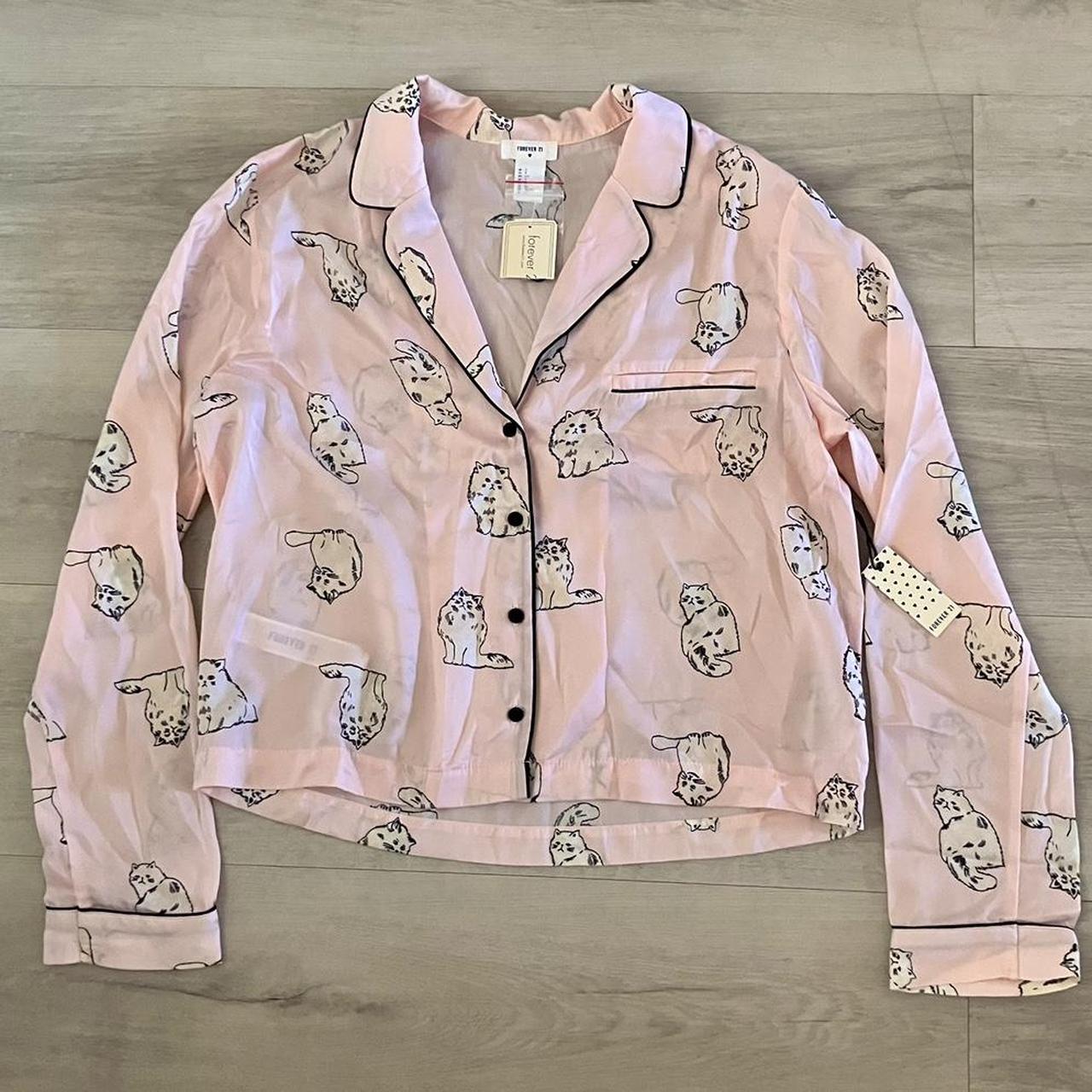 Forever 21 Pink Kitty Silky Pj Sleepwear Top DEPOP... - Depop