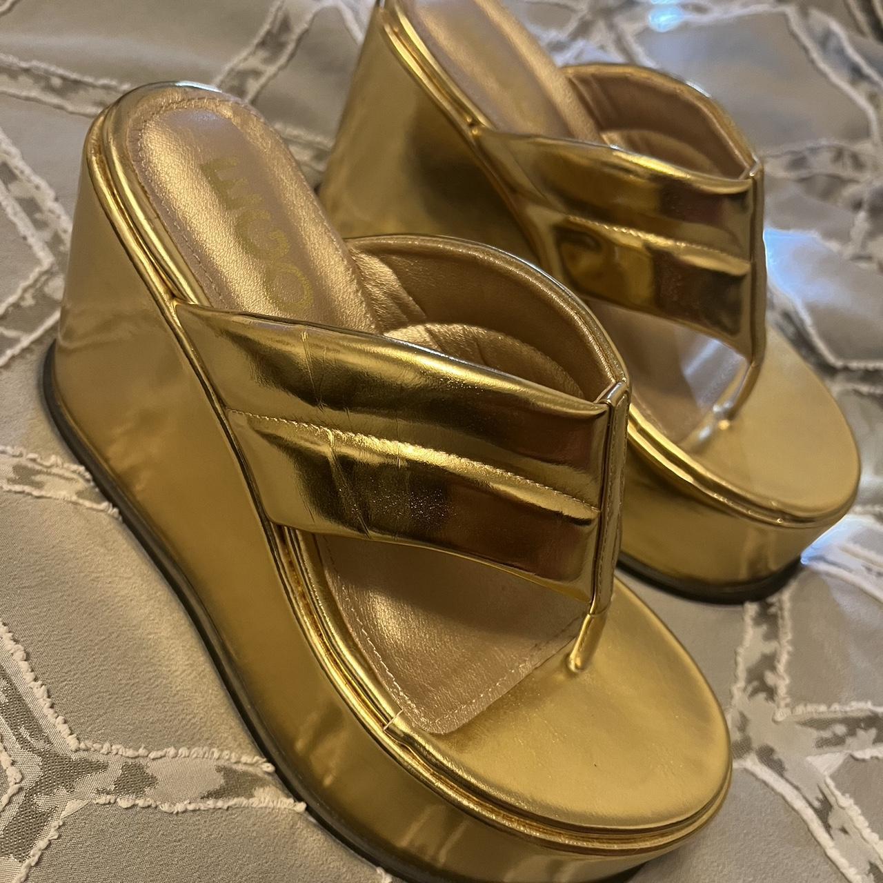 EGO PLATFORM WEDGE HEEL MULE IN GOLD FAUX LEATHER Depop