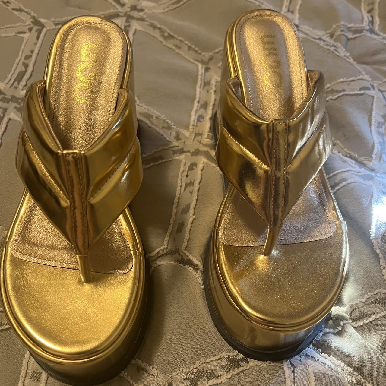 EGO PLATFORM WEDGE HEEL MULE IN GOLD FAUX LEATHER Depop