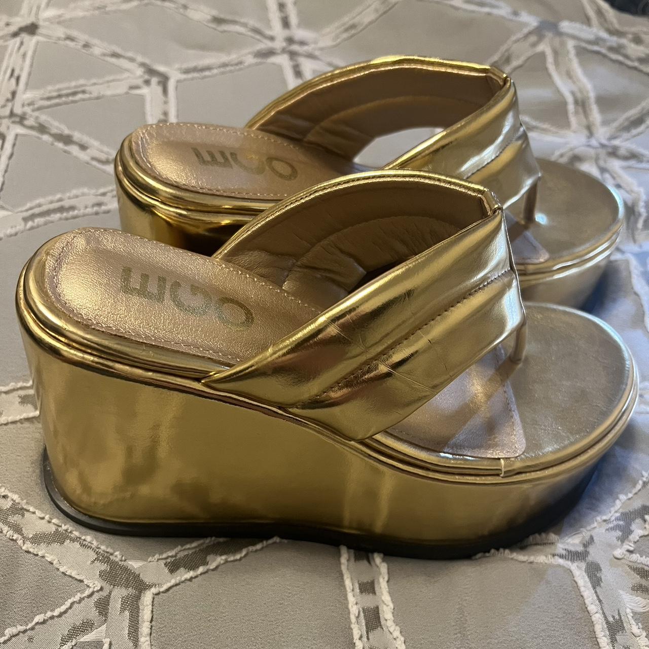 EGO PLATFORM WEDGE HEEL MULE IN GOLD FAUX LEATHER Depop