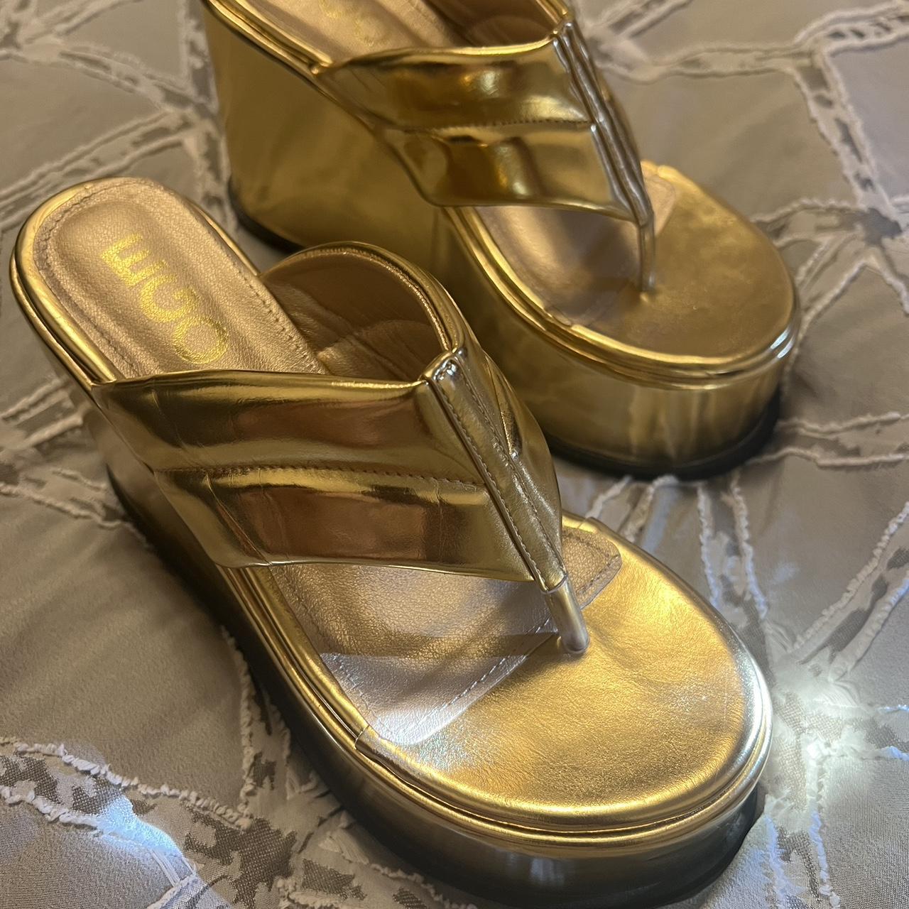 EGO PLATFORM WEDGE HEEL MULE IN GOLD FAUX LEATHER Depop