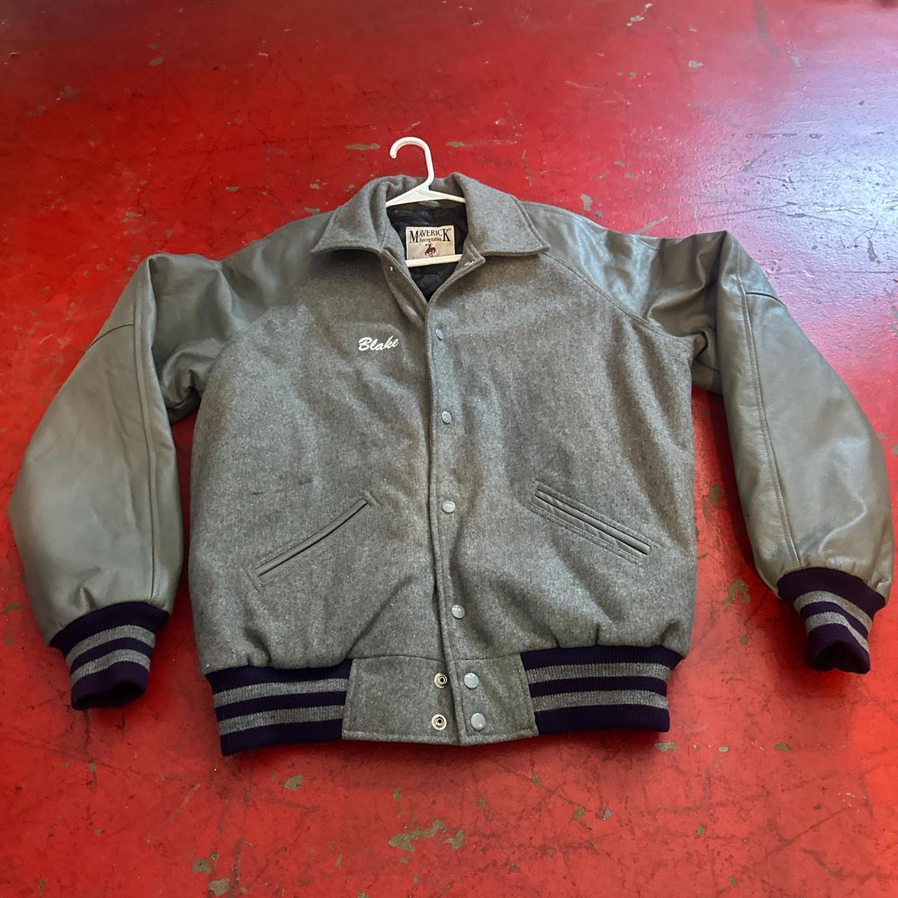 Men's Varsity Jacket - Grey/Green - M – Grey and … - image 1