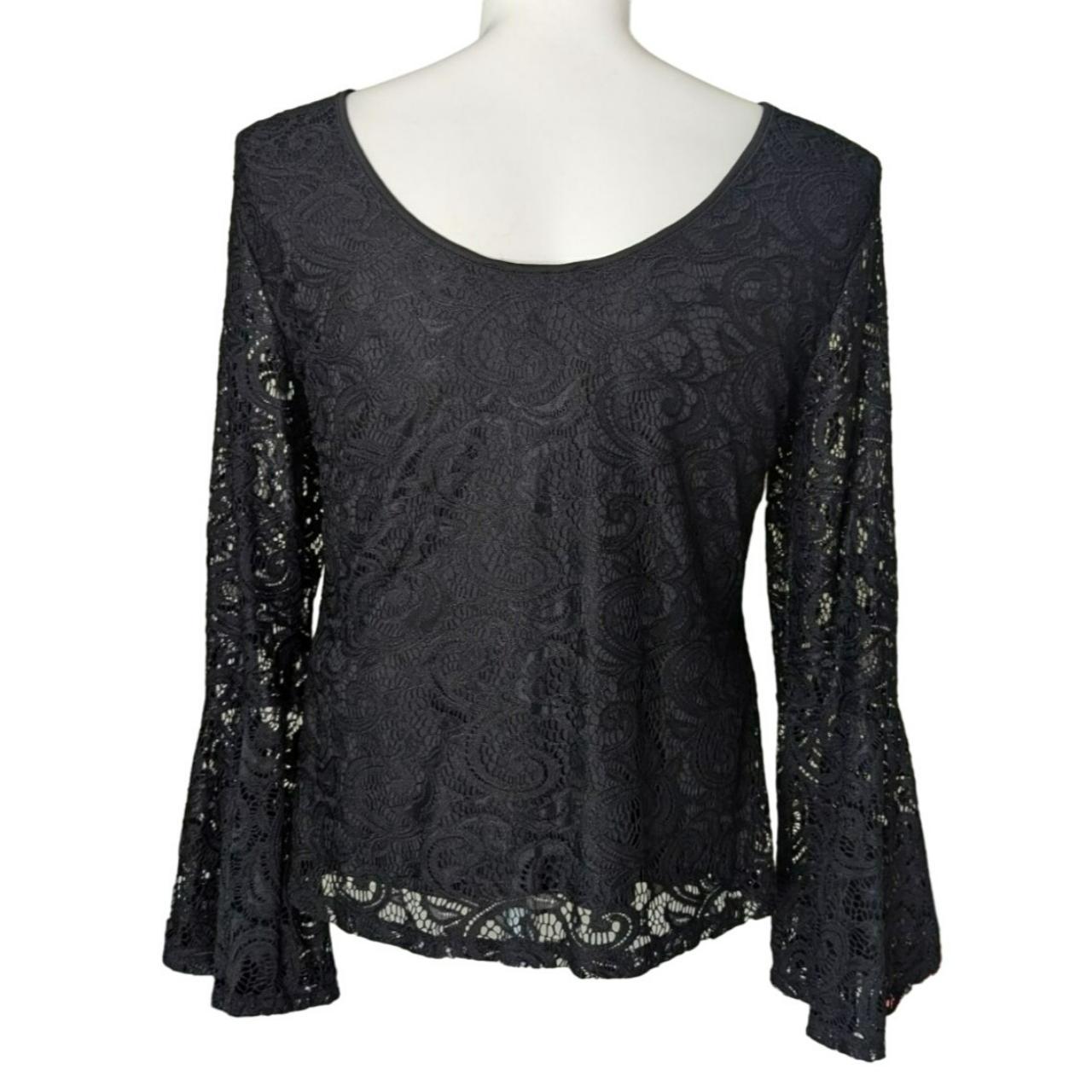 Black Lace Bell Sleeve Top Scoop Back Boho Romantic... - Depop