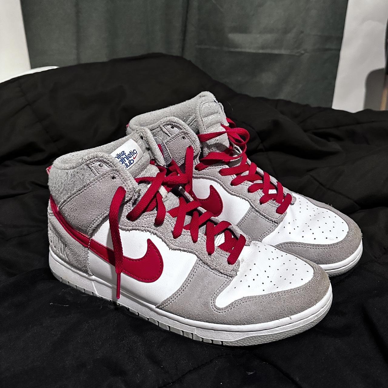 The athlete club red and grey nike dunk high... - Depop
