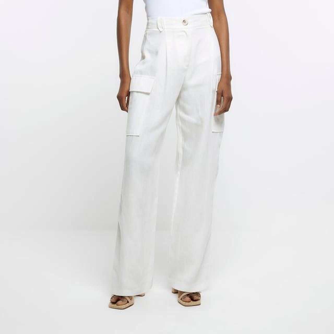 RIVER ISLAND White Cargo Trousers Linen Blend