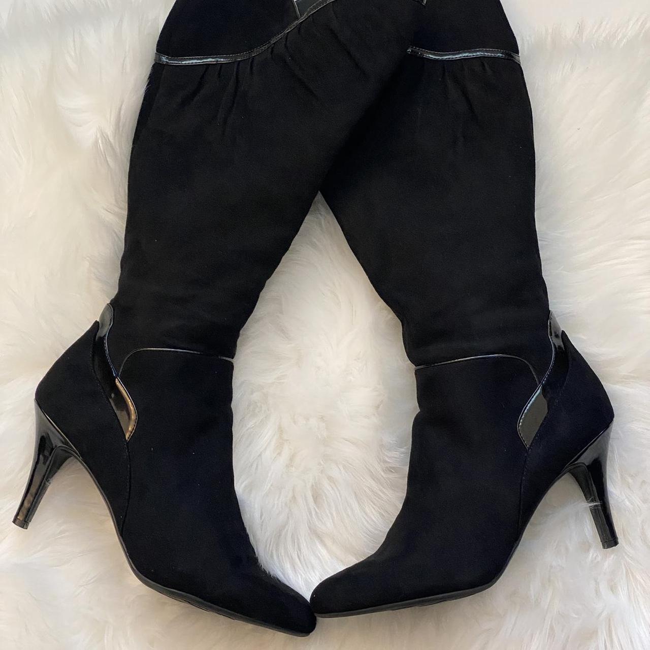 IMPO knee high black suede boots, with patent... - Depop