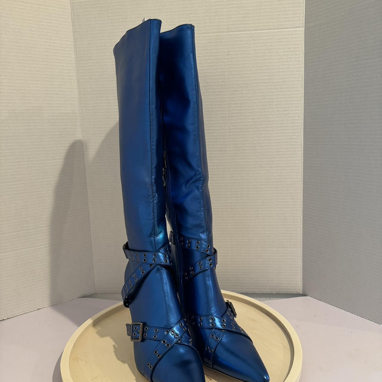 Metallic Blue knee high boots with pointy heels and... - Depop