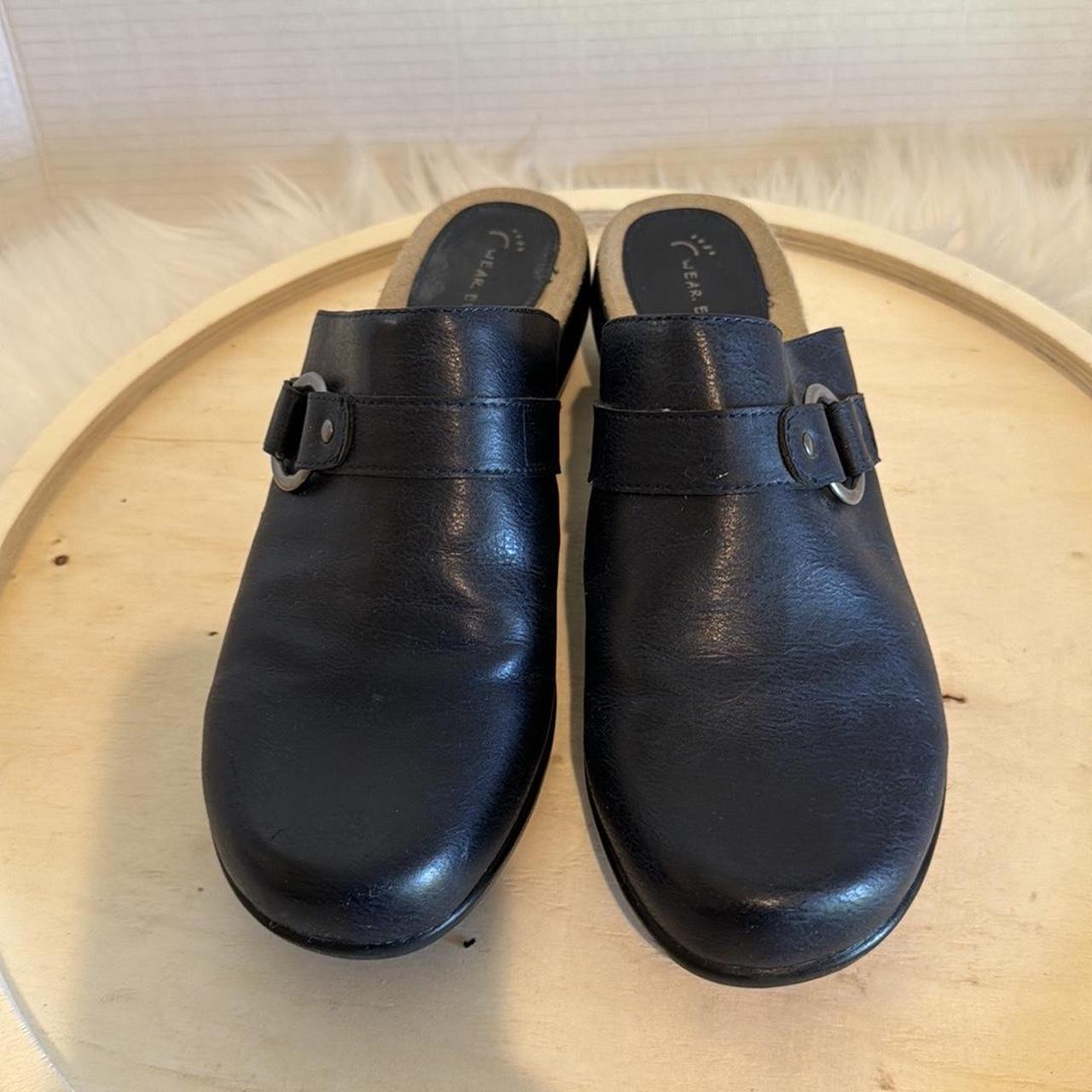 Wear Ever navy blue leather clogs side silver buckle... - Depop