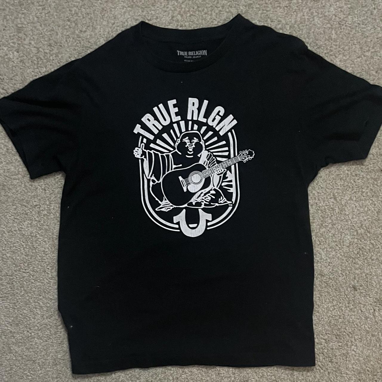 black true religion t shirt size m very cool very... - Depop