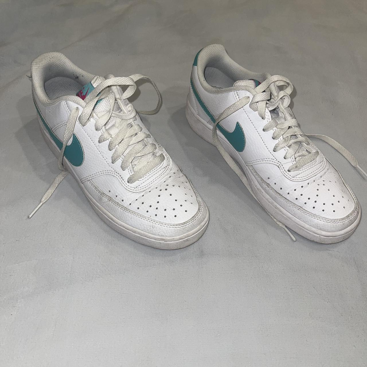 Teal on White Nike Low Court Vision Dunks 5.5 in... - Depop