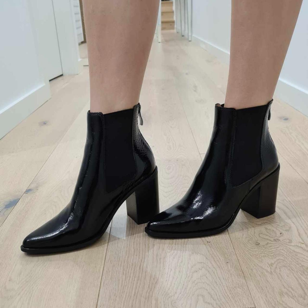 Jo Mercer Black Pointed Toe Boots Low Heel Jo Mercer Black Patent