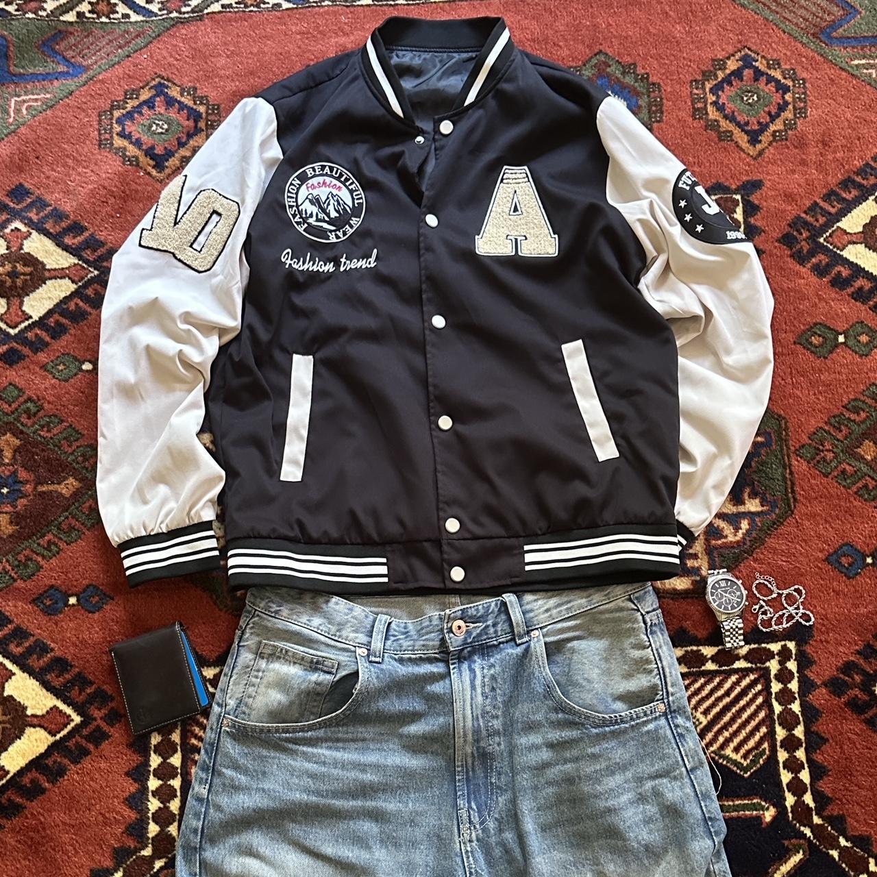 White stussy-varsity-jacket - Depop