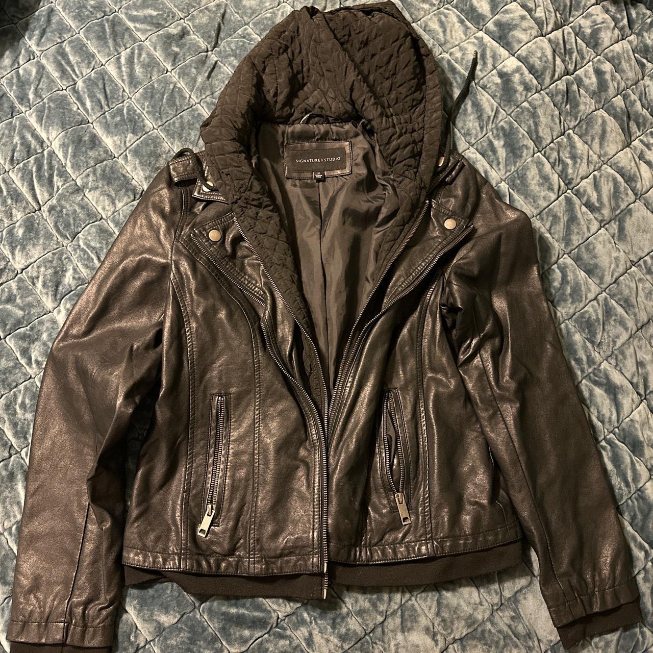 Black signature studio leather jacket with hood size M Depop