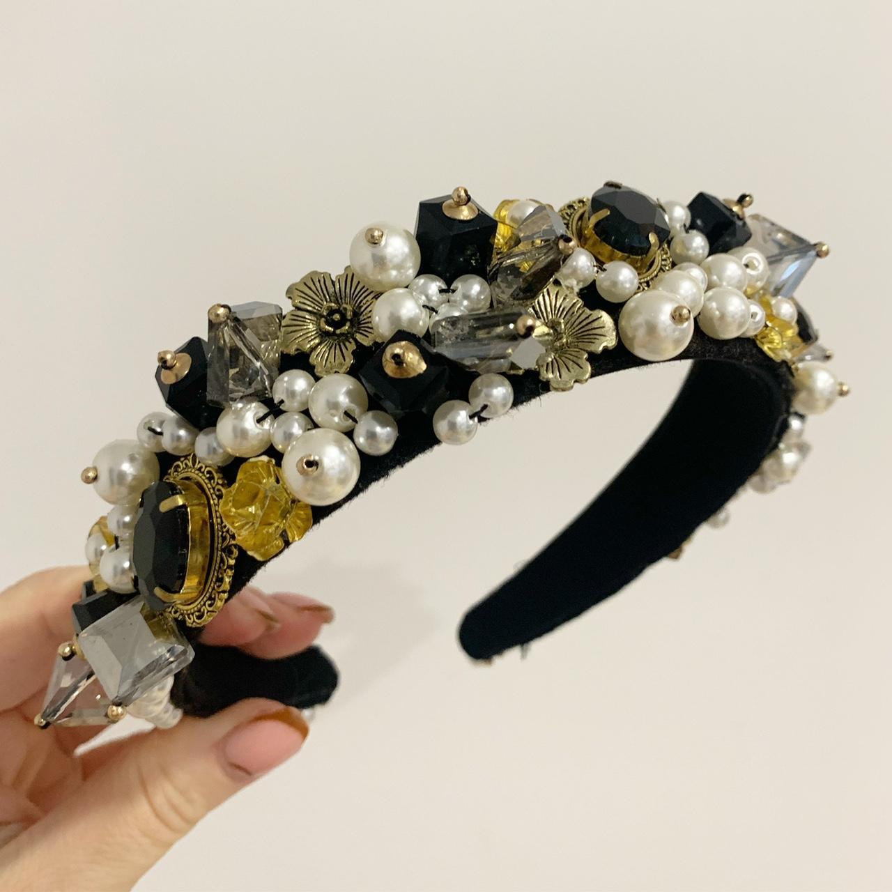 Black, gold and Pearl jewelled crown headband Brand... - Depop