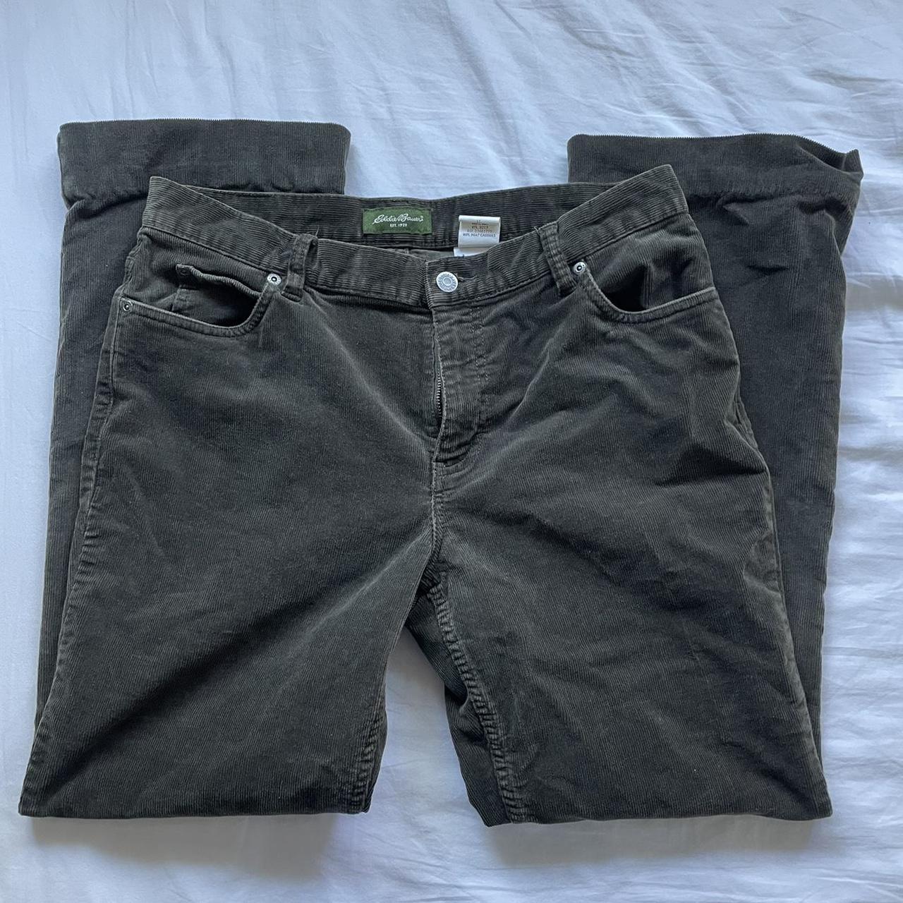 Eddie Bauer olive green corduroy slim fit pants with... - Depop