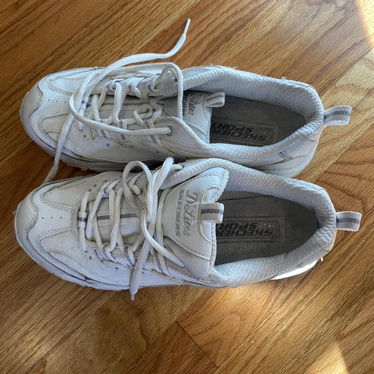 White sketchers trainers with silver details, so so... - Depop