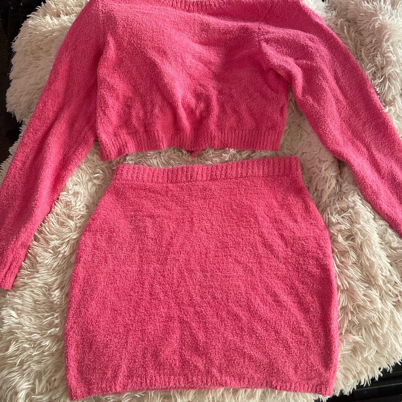 Pink fluffy crop top with skirt 2 piece set! Back is... - Depop