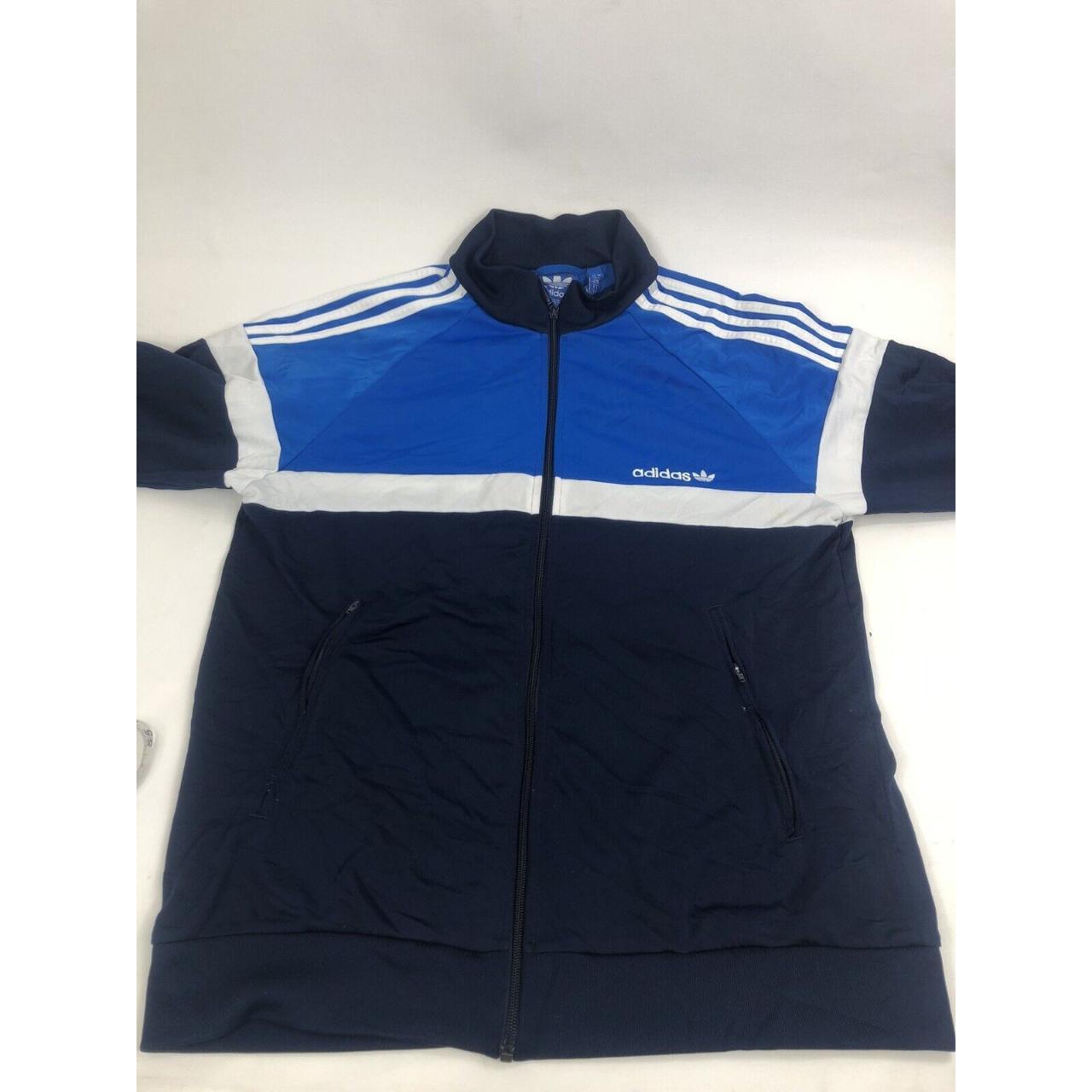 adidas jacket blue with white stripes size L Over... Depop