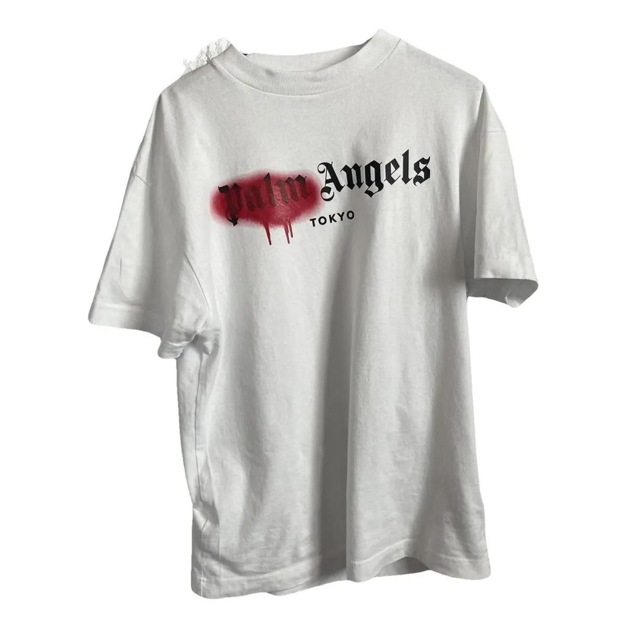 【関税込み】Palm Angels ホワイト Sprayed Palm Tシャツ PALM ANGELS Rhinestone Sprayed Logo-print T-shirt White